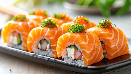 Delicious Salmon Sushi Rolls with Avocado with Caviar  Green Onions on Black Plate.