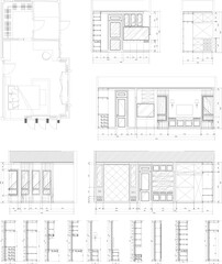 2D Furniture Layout Drawing of Bedroom and Walk-in Closet with Elevation and Section Interior Design Details