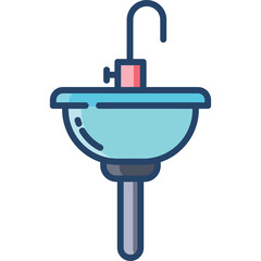 Clean Light Blue Sink with Silver Faucet and Dark Gray Base on Transparent Background in a Flat Design Style