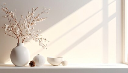 陶器の花瓶とカップの静物構成｜4Kリアリスティック・ミニマリスト・コピースペース付き
