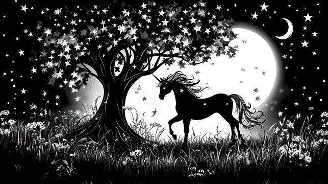 Magical unicorn silhouette under moonlit tree