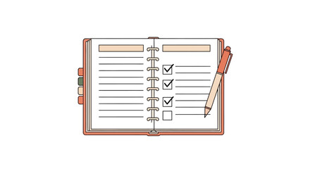 Open Planner with Checked Tasks and a Pen for Effective Time Management and Productivity, Ideal for Planning Schedules and Managing Projects.