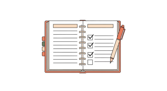 Open Planner with Checked Tasks and a Pen for Effective Time Management and Productivity, Ideal for Planning Schedules and Managing Projects.
