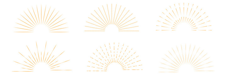 Boho sunburst logo, sun line art vector. Sunset sunrise stock vector logo design