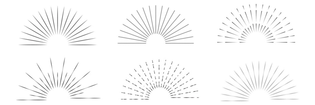 Boho sunburst logo, sun line art vector. Sunset sunrise stock vector logo design