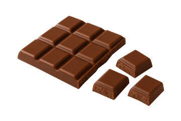 Fototapeta premium Chocolate bar with broken pieces, rich cocoa dessert sweet treat, delicious snack, transparent background