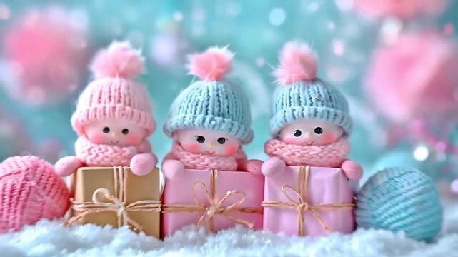Three cute doll toys with hats and scarves sit on top of gift box.