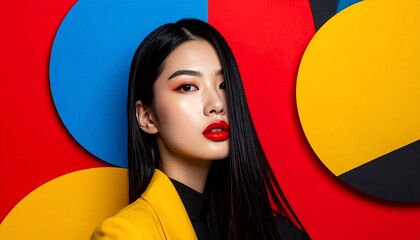 Elegant Asian Woman with Bold Makeup Posing Against a Colorful Abstract Backdrop.