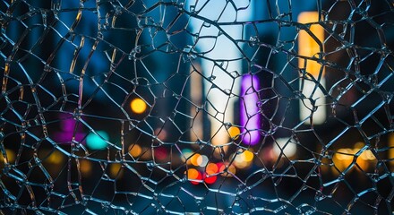 Shattered glass cityscape at night with blurred neon lights