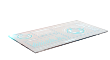 Transparent futuristic glass tablet displaying digital data interface with blue holographic charts information
