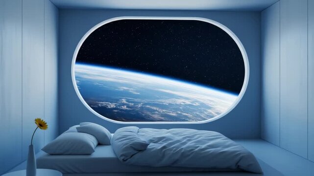 A minimalist bedroom with a large oval window offering a view of Earth and stars