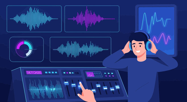 Audio engineer mixing sound with digital console in recording studio environment - Powered by Adobe