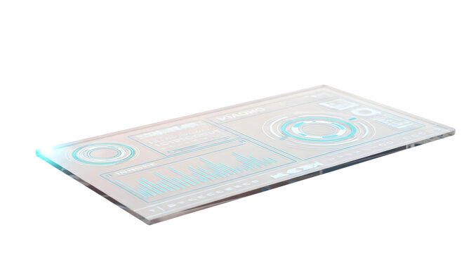 Transparent futuristic glass tablet displaying digital data interface with blue holographic charts information