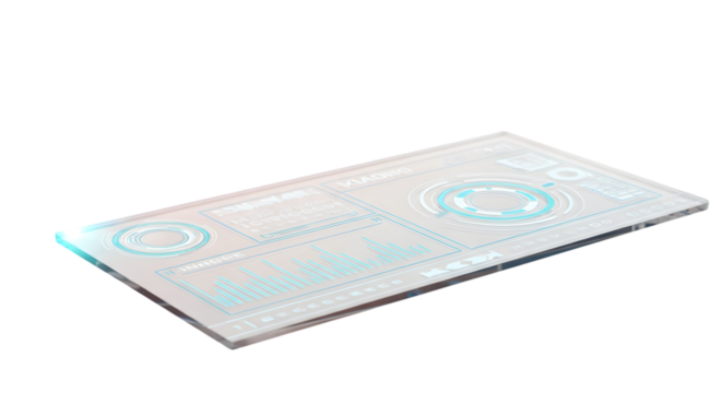 Transparent futuristic glass tablet displaying digital data interface with blue holographic charts information