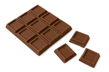 Fototapeta premium Milk chocolate bar with squares and broken pieces, sweet cocoa confectionery, delicious dessert or snack food