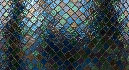 Metal grid with stained glass reflection abstract background