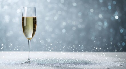 Champagne flute with champagne on snowy background