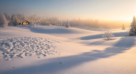 Snowy landscape with cottage at sunrise, frosty forest and footprints