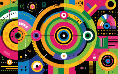 Abstrato vetor com c&iacute;rculos conc&ecirc;ntricos coloridos, formas geom&eacute;tricas e elementos gr&aacute;ficos modernos.