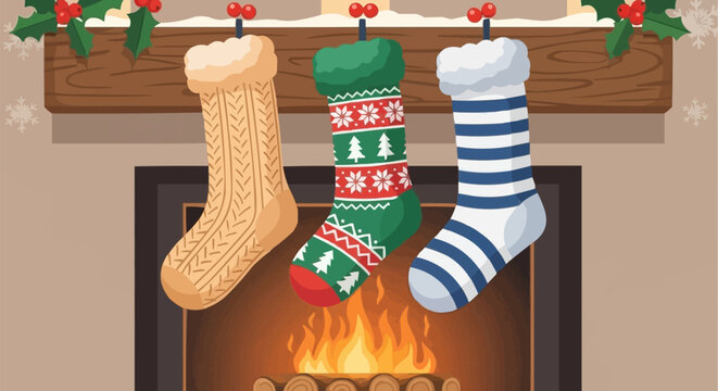 Three Christmas stockings hanging on a fireplace mantel. - Powered by Adobe