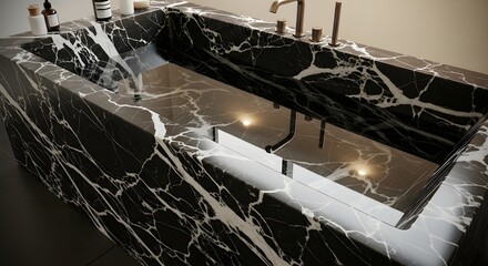 Black Marble Bathtub with Waterfall Faucet, Luxurious Bathroom