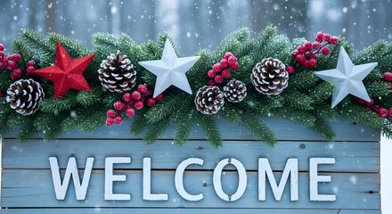 Christmas Welcome Sign on Wooden Door with Pinecones and Stars