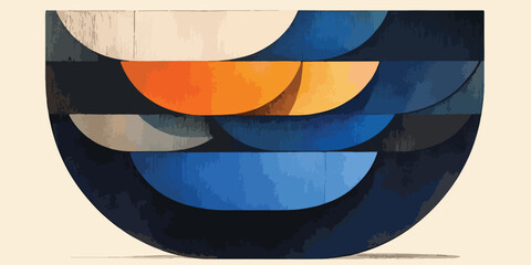 Abstrato geom&eacute;trico com formas semicirculares em tons de azul, laranja e bege, evocando movimento e equil&iacute;brio.