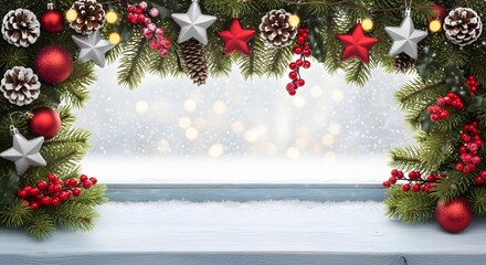 Christmas Decoration Frame with Snowy Background