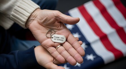 Military Dog Tag in Hands with American Flag