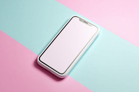 Mobile technology object, black mobile phone on white background with blank paper tag