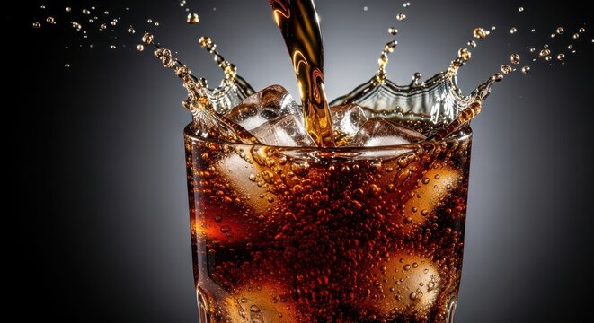 Pouring cola with ice cubes into a glass creating a splash