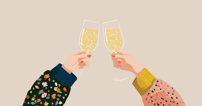Duas m&atilde;os brindam com ta&ccedil;as de champanhe em celebra&ccedil;&atilde;o festiva com fundo neutro.