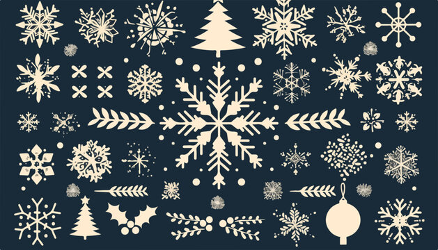 Cole&ccedil;&atilde;o vetorial de flocos de neve, &aacute;rvores de Natal e enfeites festivos em fundo escuro.