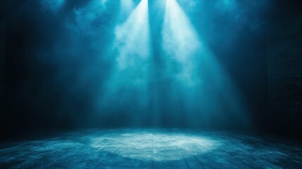 Empty stage lit by spotlights. Foggy ambiance. Possible use product presentation