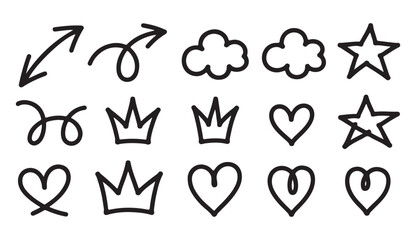  Collection of hand drawn doodle icons including arrows clouds stars hearts and crowns