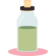 Clear Glass Bottle With Cork Stopper Containing Light Green Liquid on a Pink Circular Base with Transparent Background