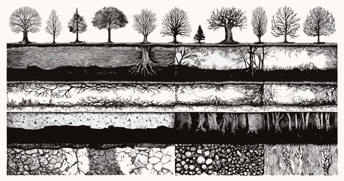 Ilustra&ccedil;&atilde;o vetorial em preto e branco de diferentes &aacute;rvores e suas camadas de solo e ra&iacute;zes