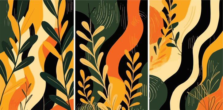 Ilustra&ccedil;&atilde;o vetorial moderna com formas abstratas e folhas bot&acirc;nicas em tons terrosos e vibrantes.