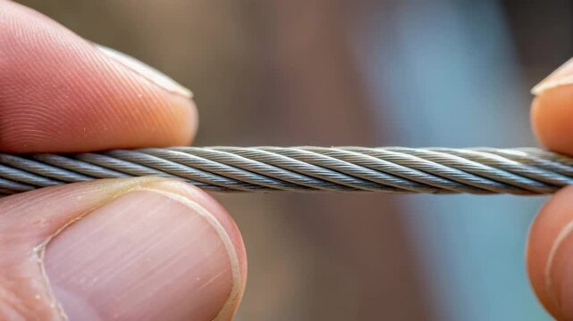 Steel wire rope close up held between fingers with metal cable texture for durable mechanical support in agriculture water pumps equipment