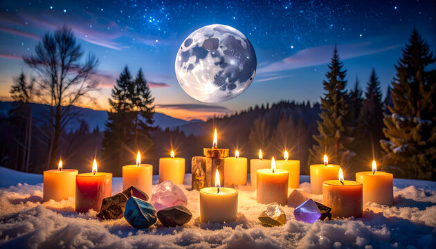 A snowy landscape with a full moon and candles and power stones