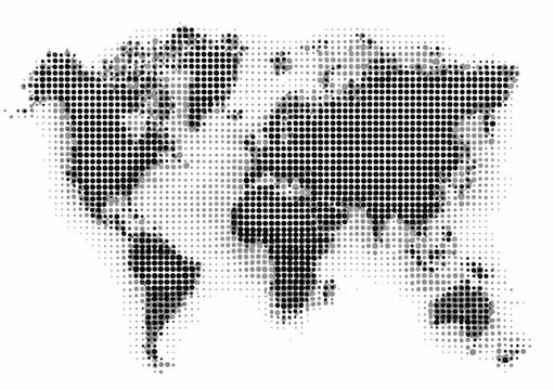 Mapa mundi em vetor com pontos em preto e branco, representando a Terra e a globaliza&ccedil;&atilde;o.