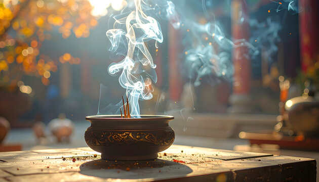 A scene of incense burning in a golden incense burner and smoke rising