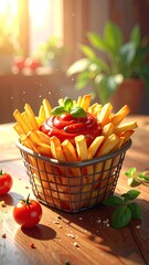 Fries with ketchup in metal basket on wooden table