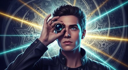 Intense portrait of a man looking through a camera lens against a futuristic background with neon starburst rays. A conceptual image for vision, focus, digital marketing, photography, and gaming.