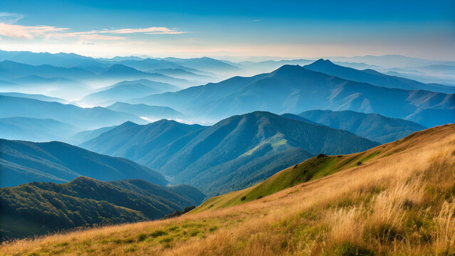 Summer morning mountain landscape panorama with green grass and high alpine peaks under a cloudy blue sky