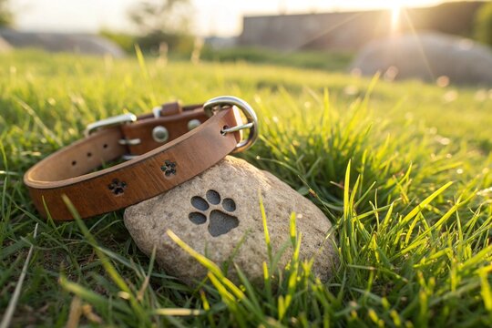 Heartfelt pet memorial scene with paw print stone and brown leather collar in gentle sunlight. Symbolic tribute expressing love, remembrance, peace, and emotional connection to a lost companion.