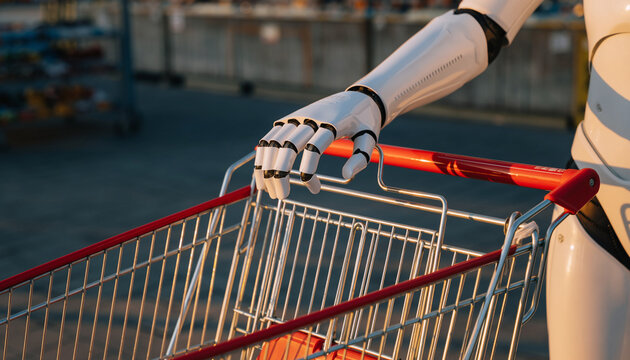 A robotic hand pushing a shopping cart