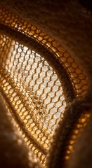 Close-up of textured woven fabric with warm, golden light filtering through the woven.