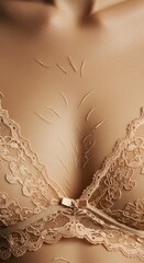 Close up of a woman's chest and lace bra, artistic skin treatment in bronze tones