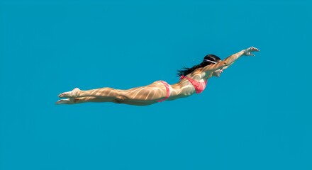 A woman gracefully swims underwater in a turquoise sea, embodying freedom and serenity.